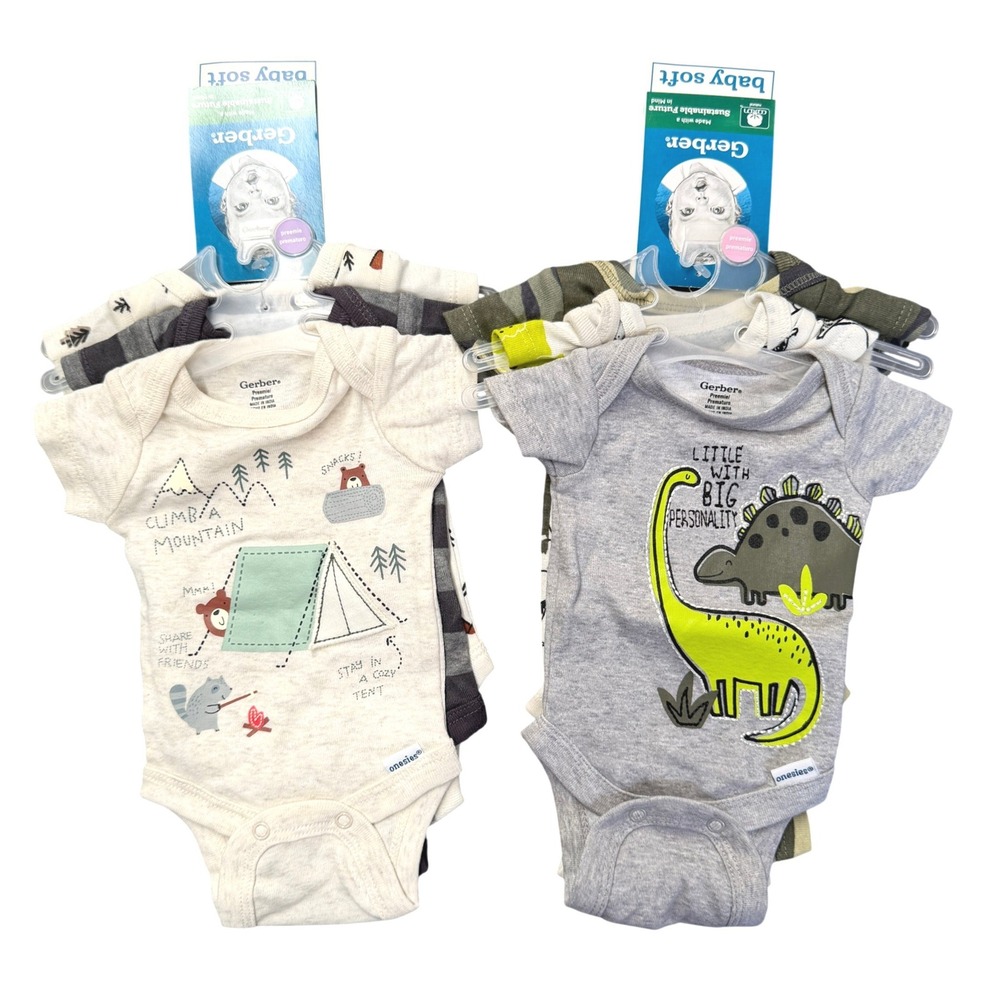 Gerber Baby Boy Onesies Lot 6pc NEW! NWT Preemie size Dinosaur Camping Camo